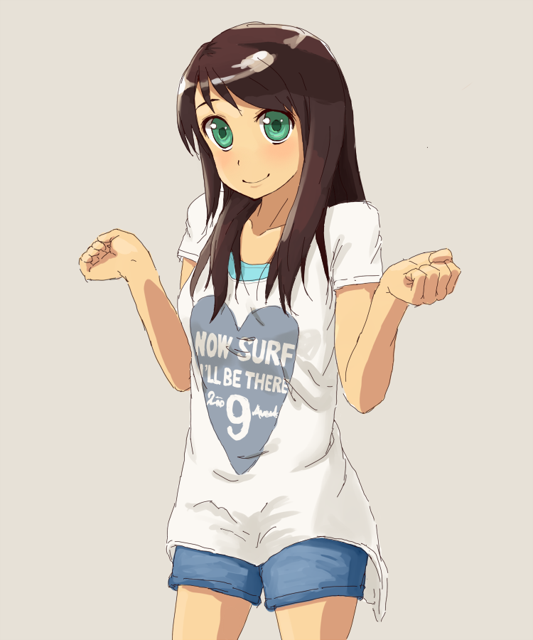 1girl, brown_hair, chelle_ingham, green_eyes, long_hair, looking_at_viewer, shorts, simple_background