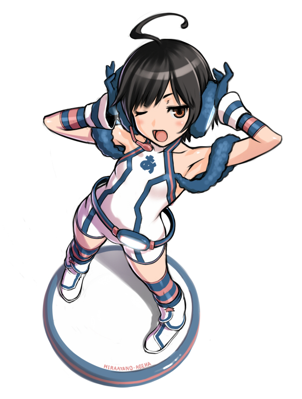 ;o, ahoge, armpits, bangs, bare_shoulders, belt, black_hair, blue_legwear