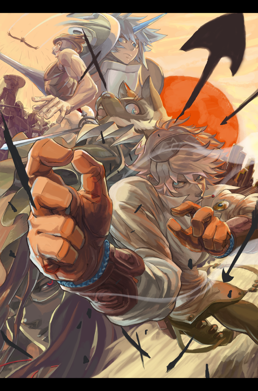 arrow, atuki-kodou, bad_id, battle, bird, blue_eyes, blue_hair, brown_hair