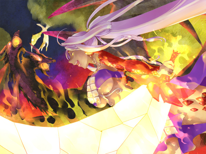 braid, breasts, dark_skin, dragon, fire, large_breasts, pixiv_fantasia, pixiv_fantasia_5, ponytail, silver_hair, solo, sword, under_boob, underboob, weapon, yoshinokakyu