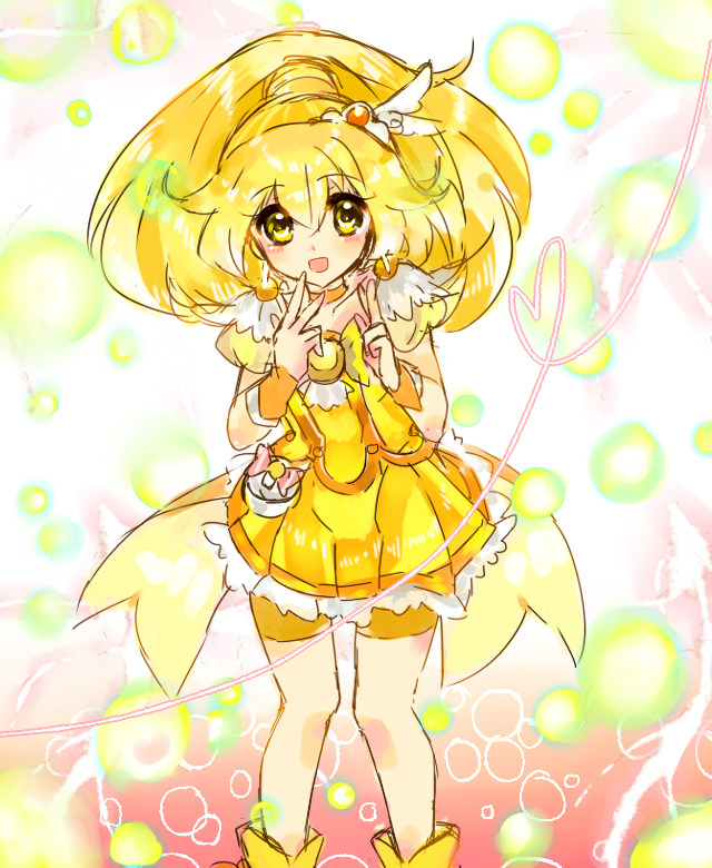 bike_shorts, blonde_hair, choker, cure_peace, double_v, dress, heart, heart_of_string