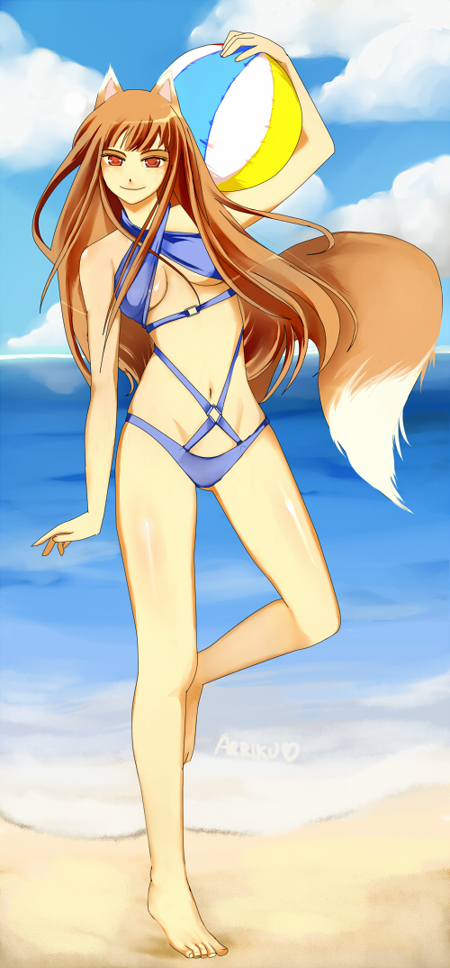 animal_ears, arriku, ball, barefoot, beach, beachball, brown_hair, cloudy_sky