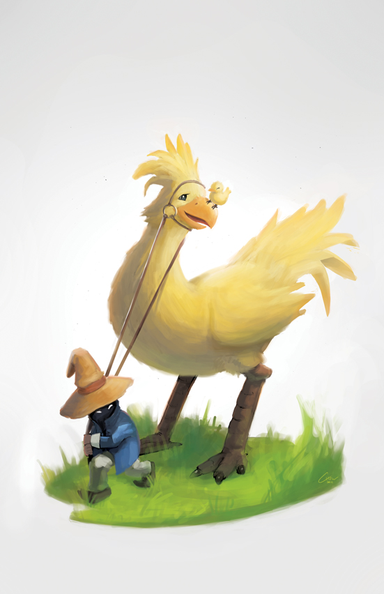 alex_chow, beak, bird, black_mage, chick, chocobo, final_fantasy, final_fantasy_ix, glowing, glowing_eyes, harness, hat, male, vivi_ornitier, yellow_eyes