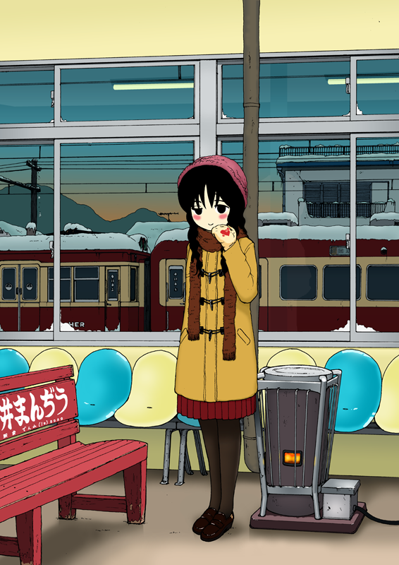 beanie, bench, black_eyes, black_hair, blush, braid, building, coat, hair_between_eyes, hat, heart, heater, hill, loafers, long_hair, mittens, nkmt, original, pantyhose, power_lines, scarf, school_uniform, seat, shoes, skirt, smile, snow, train, train_station, twilight, twin_braids