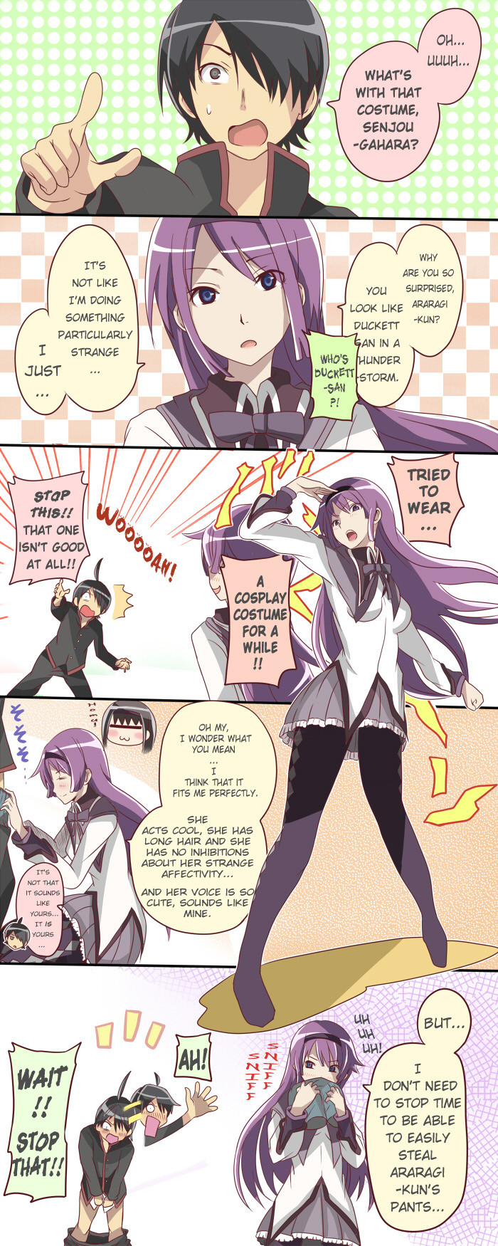 ahoge, araragi_koyomi, bakemonogatari, clothing_thief, cosplay, crossover, hard_translated, highres