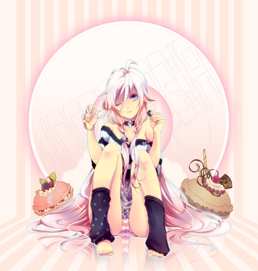 ahoge, bare_shoulders, barefoot, blue_eyes, choker, domco, feet, highres