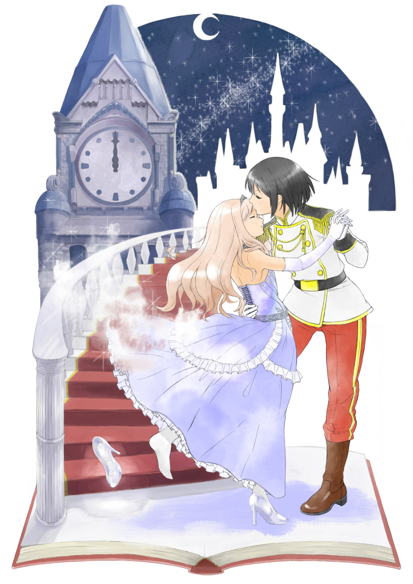 bad_id, belt, black_hair, blonde_hair, blush, book, boots, castle
