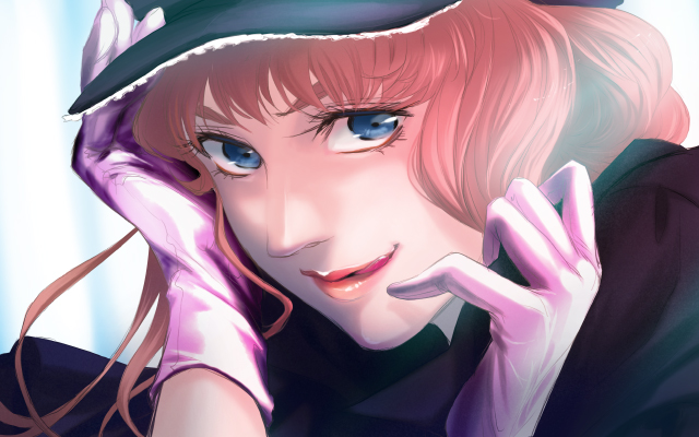 :p, blue_eyes, face, gloves, hat, lipstick, looking_at_viewer, macross
