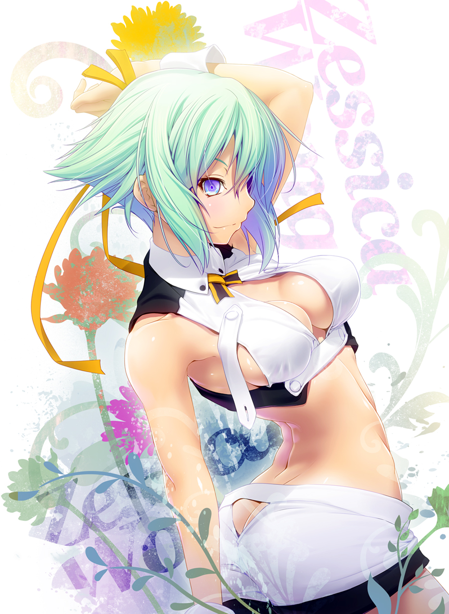 aquarion_(series), aquarion_evol, arched_back, ass, ass_cutout, breasts, butt_crack, cleavage, cleavage_cutout, flower, green_hair, highres, midriff, nilitsu, purple_eyes, short_hair, short_shors, short_shorts, shorts, solo, violet_eyes, wrist_cuffs, zessica_wong