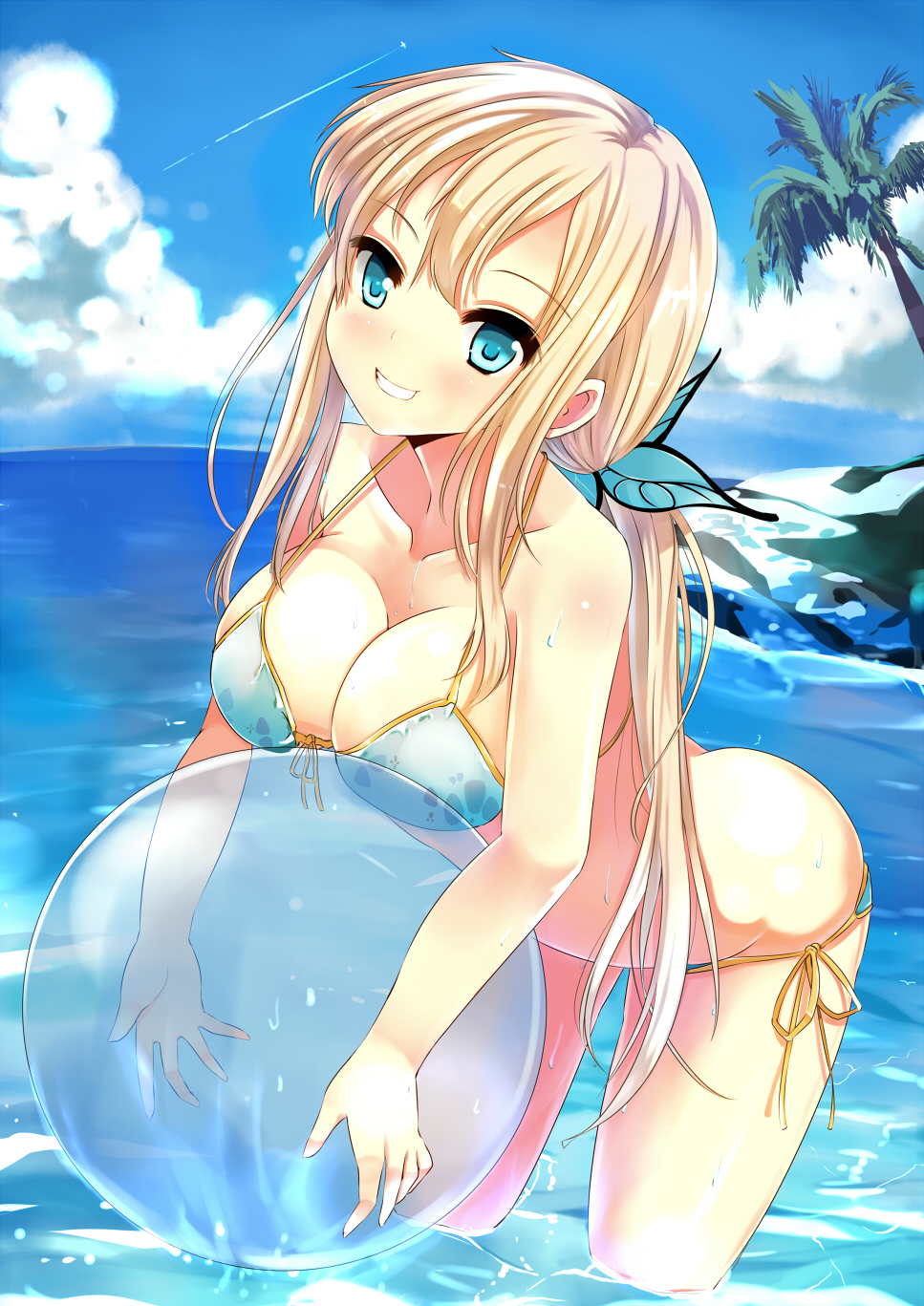 alternate_hairstyle, aqua_eyes, ball, beachball, bikini, blonde_hair, boku_wa_tomodachi_ga_sukunai, breasts