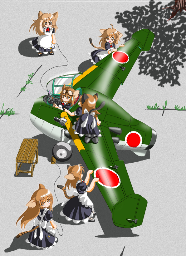 ahoge, airplane, animal_ears, brown_hair, cana, canopy, cat_ears, cat_tail, from_above, goggles, goggles_on_head, jet, kayaba_katsuodori_ramjet_plane, long_hair, maid, military, multiple_girls, original, tail, tree, world_war_ii