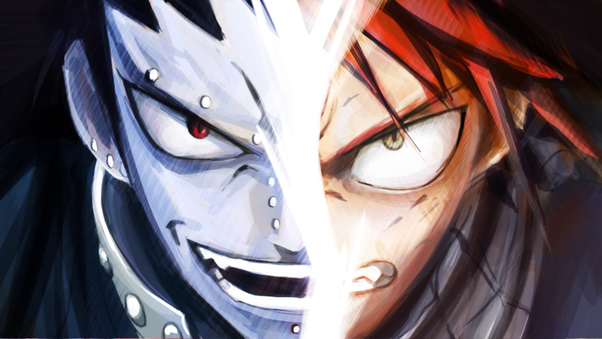 2boys, black_hair, fairy_tail, fangs, gajeel_redfox, green_eyes, metal, multiple_boys