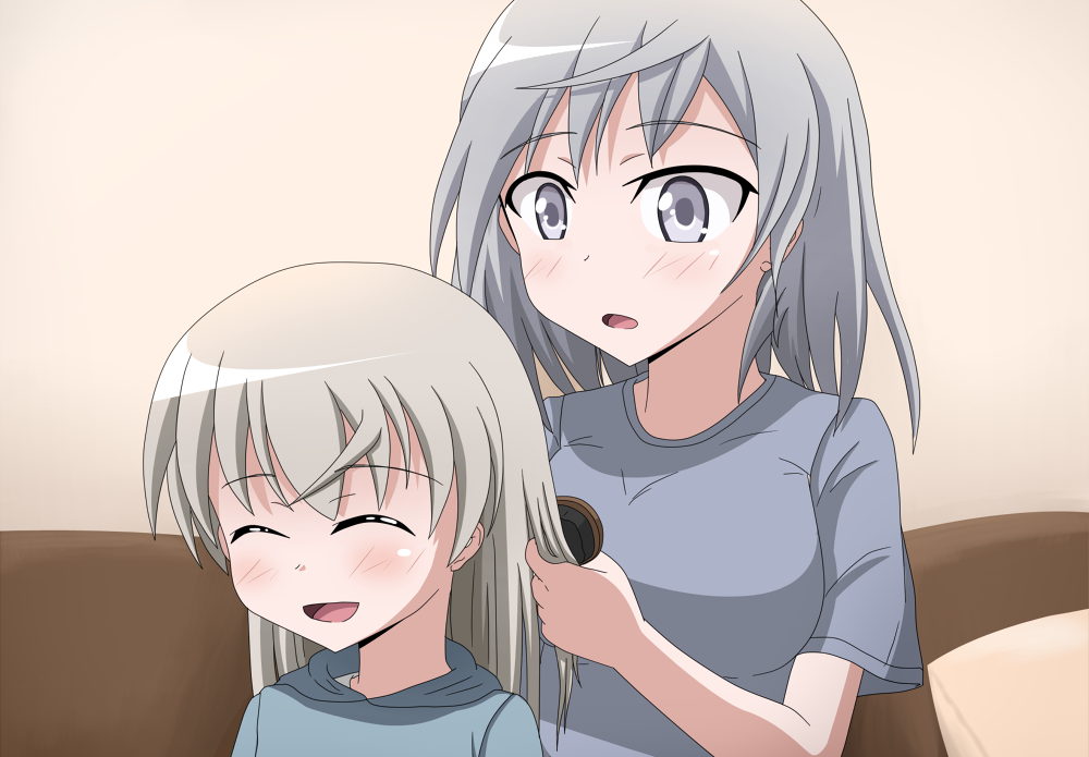 aurora_e_juutilainen, bad_id, closed_eyes, eila_ilmatar_juutilainen, eyes_closed, grey_eyes, long_hair, multiple_girls, norayinu, siblings, sisters, smile, strike_witches
