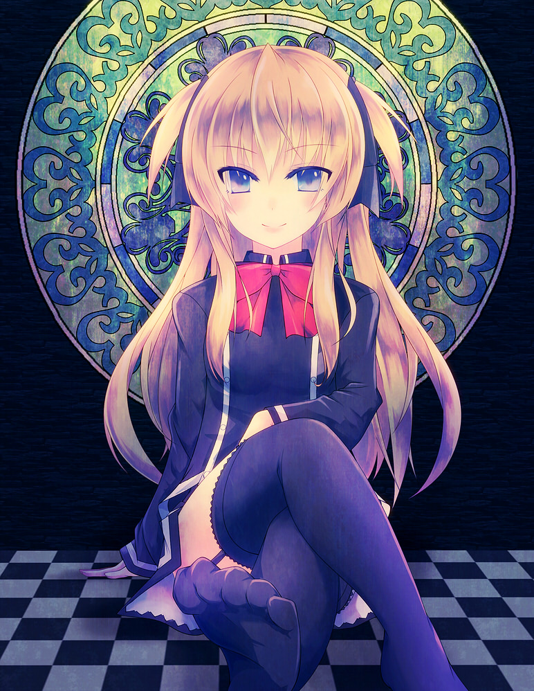 black_legwear, blonde_hair, blue_eyes, checkered, checkered_floor, crossed_legs, feet, garter_straps
