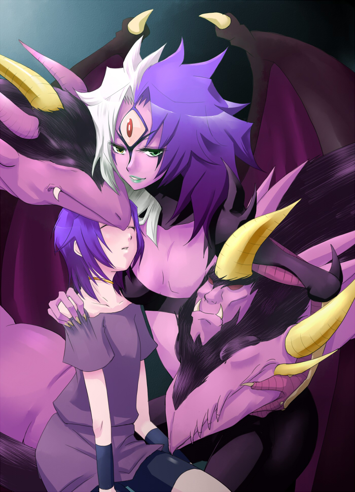 child, choker, claws, demon_girl, demon_wings, dragon, dual_persona, duel_monster, heterochromia, horns, kagamimochi, lipstick, makeup, multicolored_hair, purple_hair, third_eye, two-tone_hair, white_hair, wings, young, yu-gi-oh!, yubel, yuu-gi-ou, yuu-gi-ou_gx