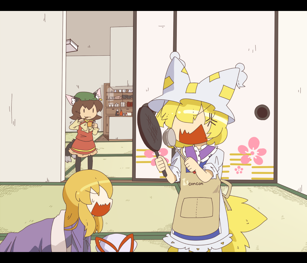 apron, blanket, brushing_teeth, chen, chibi, frying_pan, hat, hat_removed, headwear_removed, kuzugitsune_(inarikami), ladle, no_eyes, pantyhose, sweatdrop, touhou, wavy_mouth, yakumo_ran, yakumo_yukari, |_|