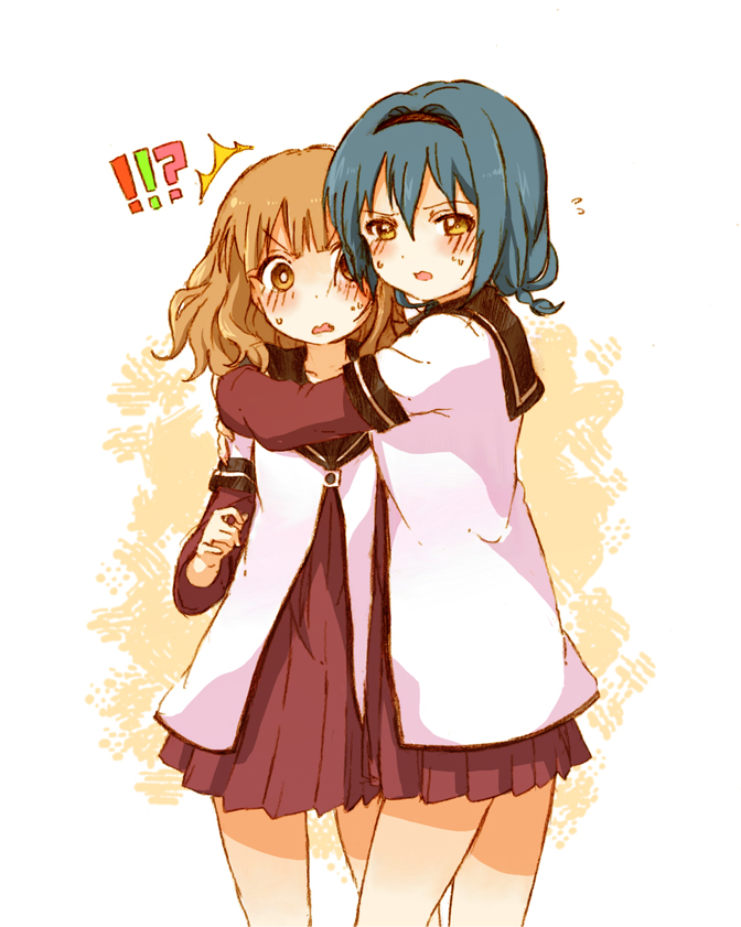 /\/\/\, 2girls, blonde_hair, blue_hair, braid, furutani_himawari, hairband, hug