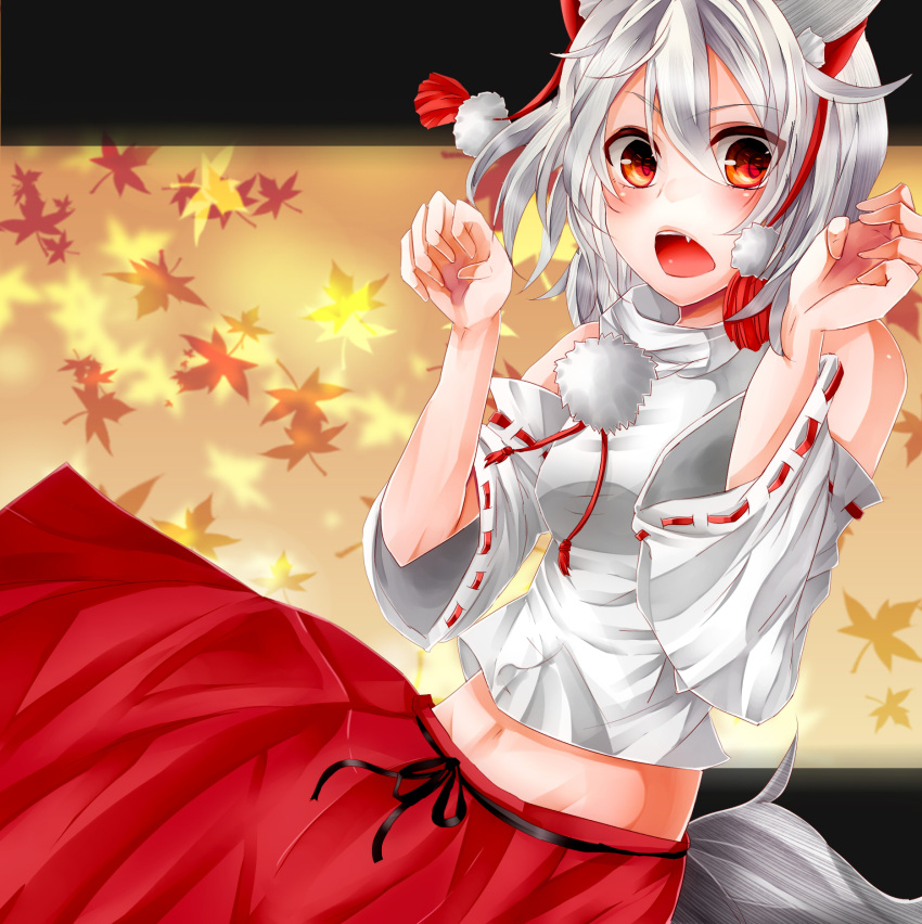 animal_ears, bare_shoulders, fang, highres, inubashiri_momiji, mahiron-atori, midriff, mound_of_venus
