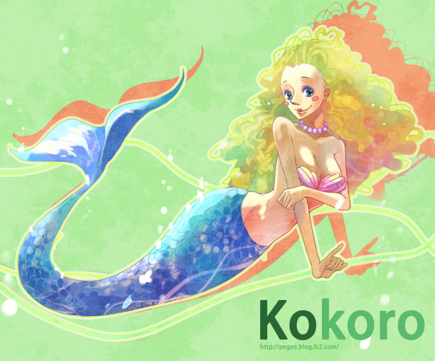 aqua_eyes, bad_id, blonde_hair, blue_eyes, blush_stickers, breasts, character_name, cleavage, curly_hair, female, green_hair, kokoro, kokoro_(one_piece), lipstick, long_hair, mermaid, monster_girl, necklace, one_piece, pearl, pipay, shell, smile, solo, swimming, tail, text, underwater, young