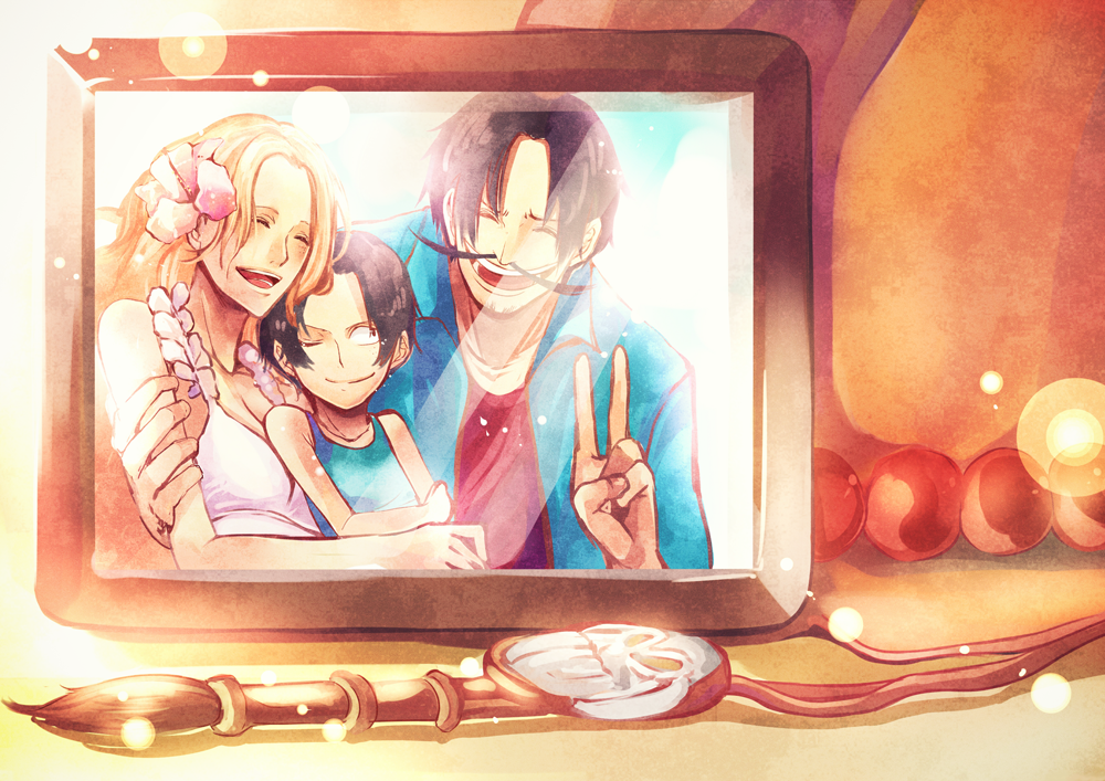 2boys, black_hair, blonde_hair, breasts, cleavage, closed_eyes, eyes_closed, facial_hair