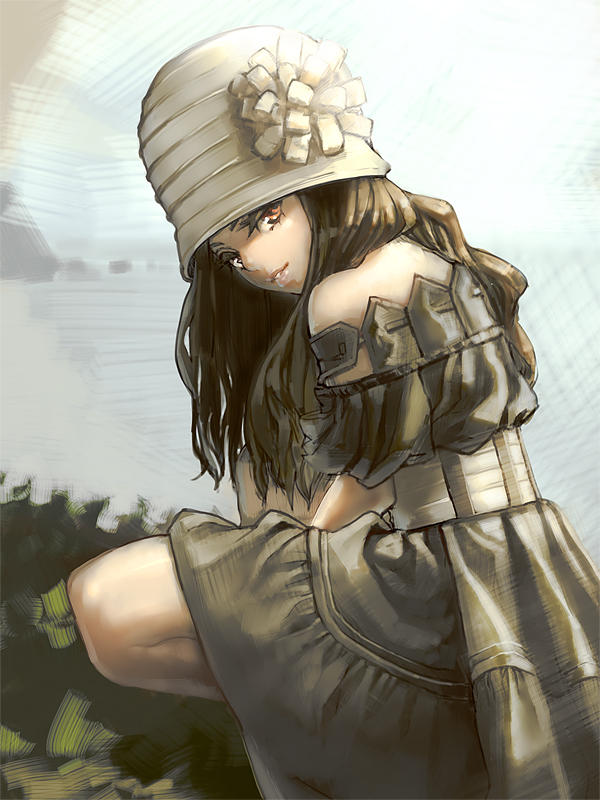 bare_shoulders, brown_eyes, brown_hair, cloche_hat, dress, face, hat, long_hair