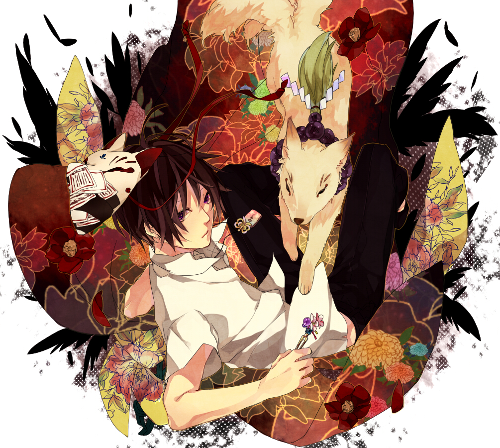 black_hair, fox, looking_back, mask, original, purple_eyes, saikawa_(0902k137), violet_eyes