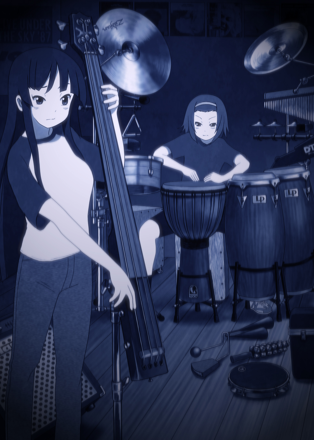 akiyama_mio, bell, black_eyes, black_hair, cajon, conga_drums, cymbals, djembe, drum, electric_double_bass, hairband, highres, instrument, jeans, jingle_bell, k-on!, long_hair, monochrome, multiple_girls, raglan_sleeves, shorts, tainaka_ritsu, tainaka_rittsu, tambourine, triangle_(instrument), vibraslap