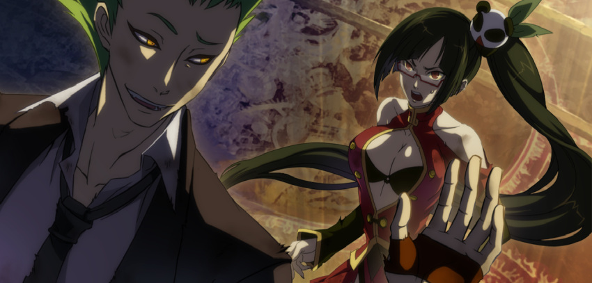 blazblue, blush, breasts, cleavage, fingerless_gloves, glasses, gloves, green_hair