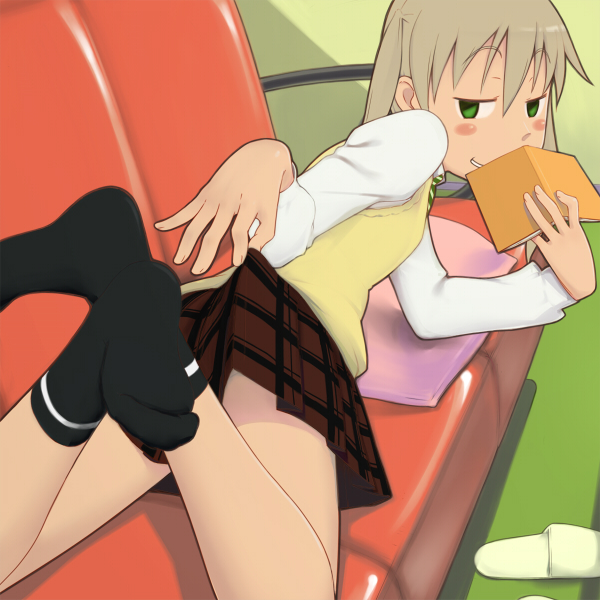 black_socks, blush, book, cardigan, couch, covering_mouth, feet, hands