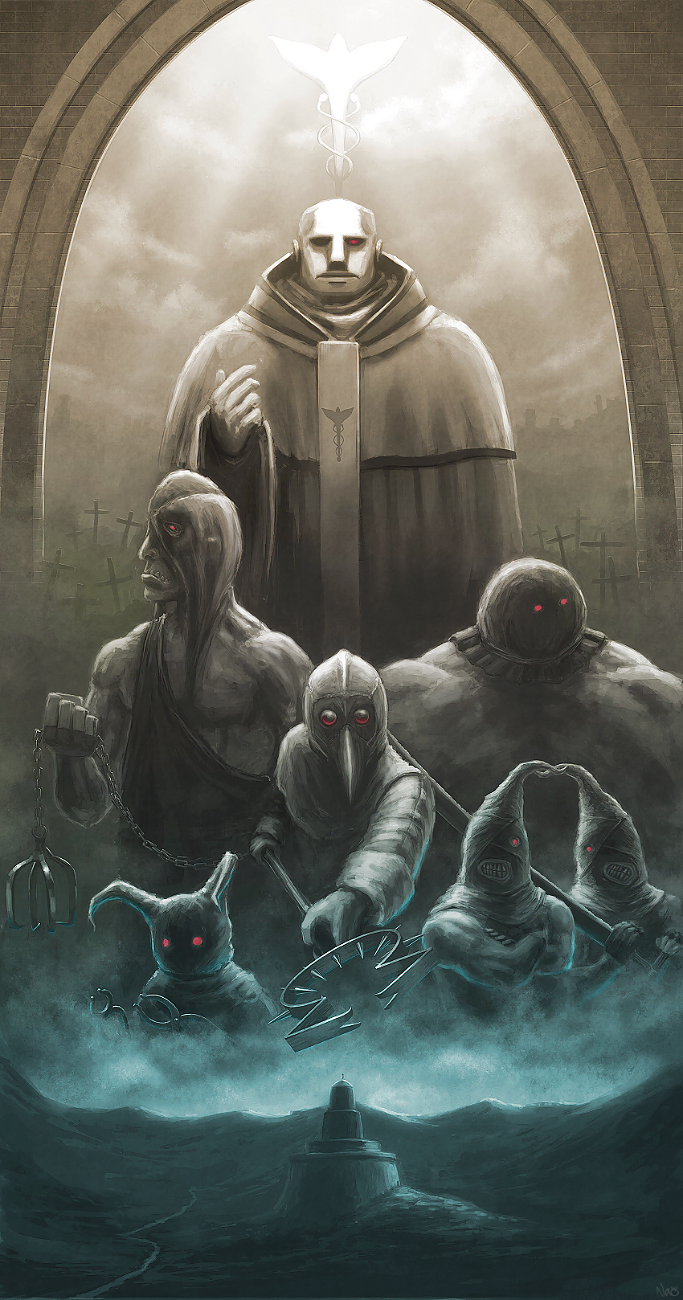 artist_request, bald, berserk, cowl, highres, male, mozgus, multiple_boys, muscle, nao_(1989gangsta), priest, red_eyes, robe, tower, weapon