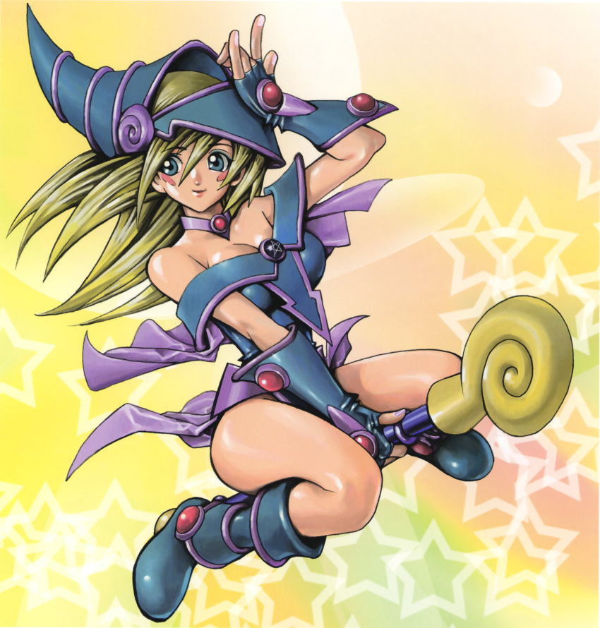 bare_shoulders, blonde_hair, blue_eyes, blush_stickers, boots, breasts, choker, cleavage, dark_magician_girl, duel_monster, facial_mark, fingerless_gloves, gloves, hand_on_head, hat, highres, knee_boots, large_breasts, legs, long_hair, lowres, official_art, pentacle, signature, smile, solo, star, starry_background, straddle, takahashi_kazuki, wand, wind, wizard_hat, yellow_background, yu-gi-oh!, yuu-gi-ou, yuu-gi-ou_duel_monsters