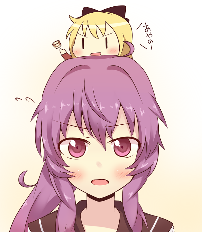 >:), >:d, :d, blonde_hair, bow, chibi, chibi_on_head, hair_bow