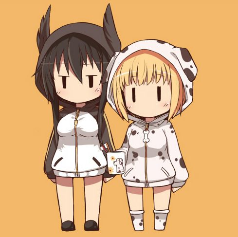 2girls, animal_ears, black_hair, blonde_hair, blush, chibi, cup, dalmatian_print