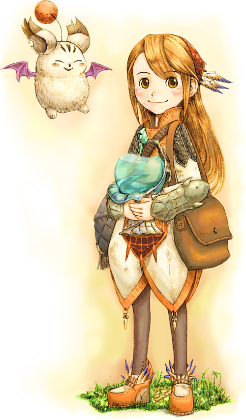 bag, bandana, blush, brown_eyes, brown_hair, clavat, dress, feathers, final_fantasy, final_fantasy_crystal_chronicles, hair_ornament, hat, long_hair, mog, moogle, pantyhose, smile, standing, winged_shoes, yoyoyoyoyo_(turuse)