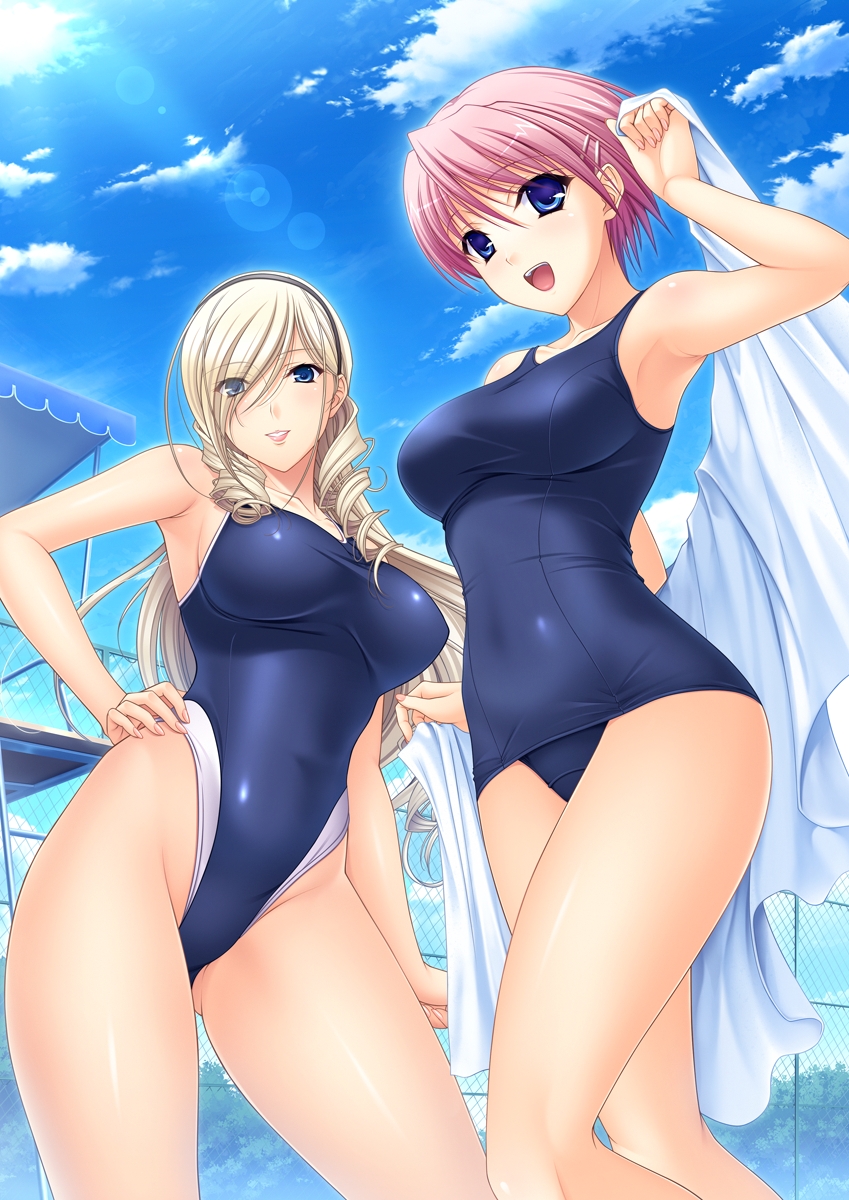 2girls, armpits, blonde_hair, blue_eyes, blue_sky, breasts, celia_kumani_entory, clouds