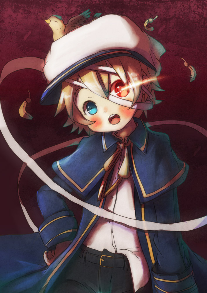 bandage, bandages, bird, blonde_hair, blue_eyes, coat, glowing, glowing_eyes