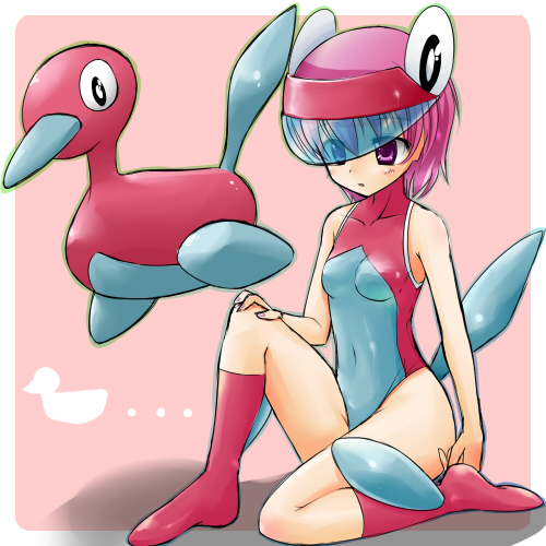 1girl, blue_beak, costume, leotard, lowres, moemon, personification, pink_hair
