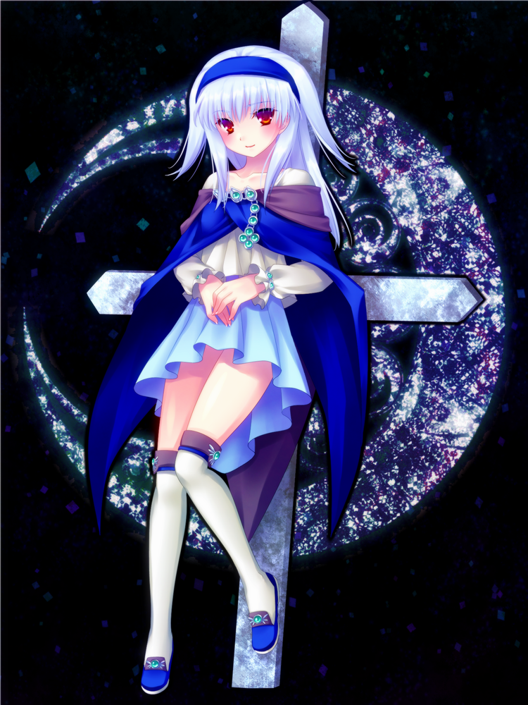 1girl, albino, bad_id, bangs, blouse, blue_hairband, blue_skirt, blush