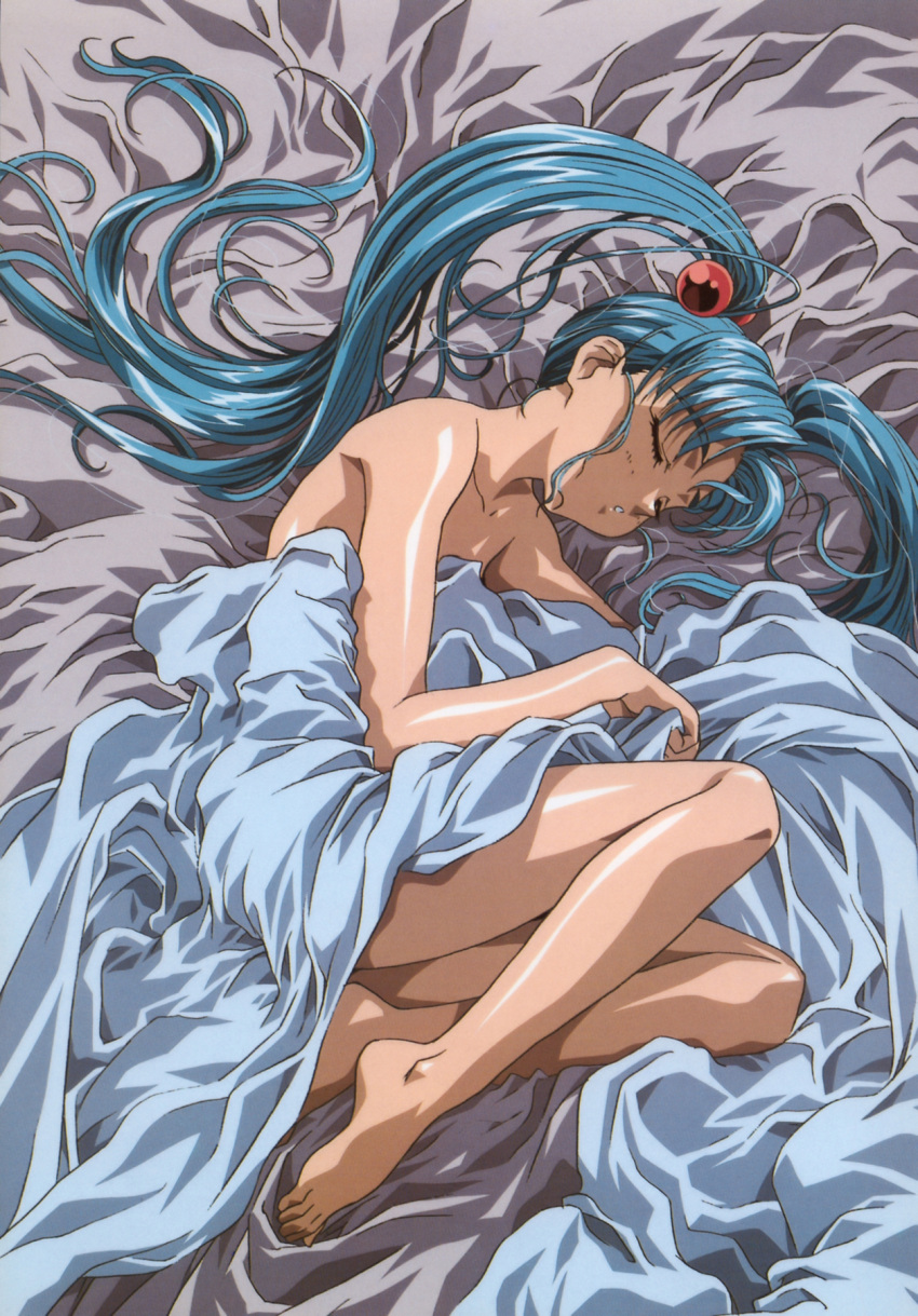 90s, bangs, bare_shoulders, barefoot, bed, bed_sheet, blue_hair, blush, child, closed_eyes, curtains, duplicate, feet, fetal_position, flat_chest, from_above, green_hair, hair_bobbles, hair_ornament, highres, indoors, kawarajima_kou, legs, long_hair, lying, masaki_sasami_jurai, naked_sheet, nude, on_side, parted_bangs, payot, scan, sheet_grab, sleeping, solo, tenchi_muyo, tenchi_muyou!, twintails