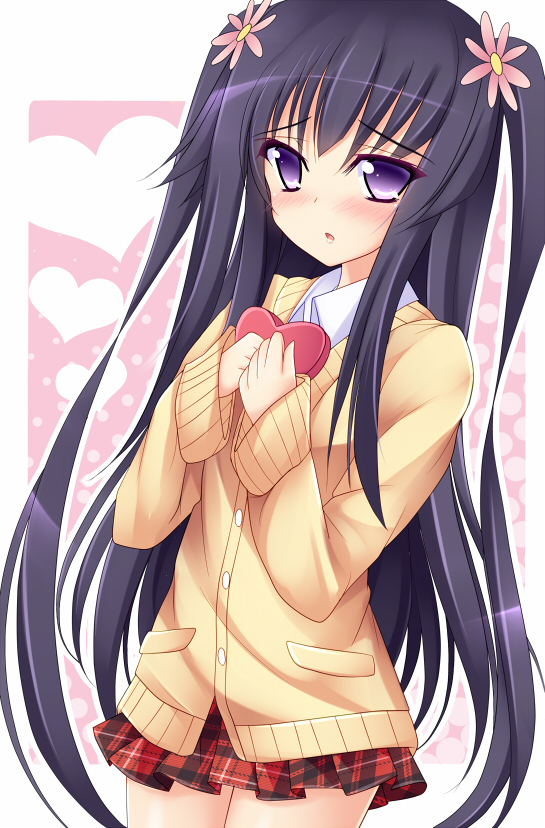 blush, cardigan, flower, hair_flower, hair_ornament, heart, itsuka_todoku_ano_sora_ni, mikan_(5555), ousuki_konome, skirt, solo, soo, twintails, two_side_up