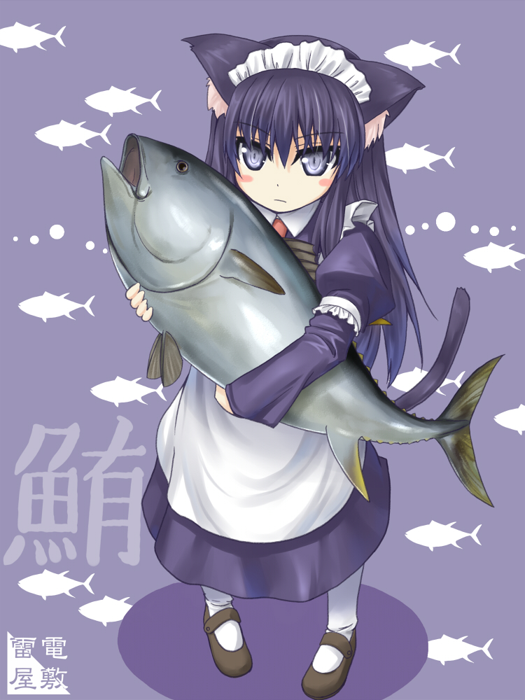 animal_ears, apron, blush_stickers, cat_ears, cat_tail, fish, holding, long_hair