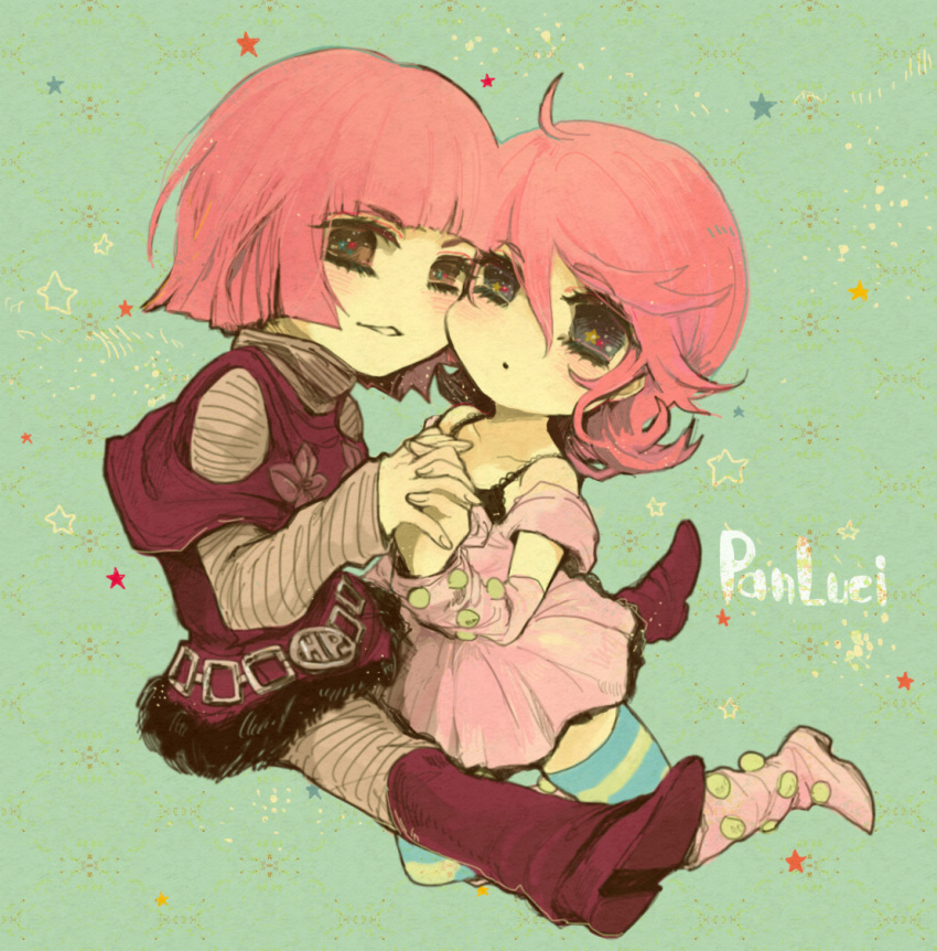 belt, blue_eyes, bob_cut, boots, brown_eyes, chibi, detached_sleeves, hand_holding
