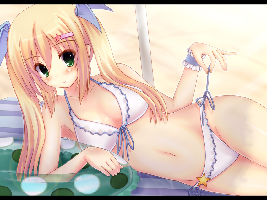 beach, bikini, blonde_hair, green_eyes, ichiroku, original, possible_duplicate, sena_(ichiroku)