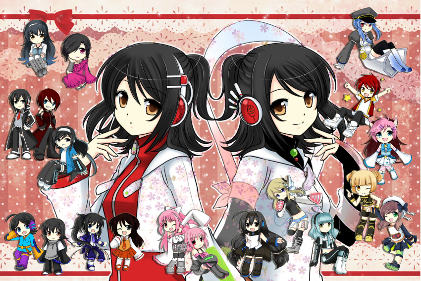 black_hair, blonde_hair, blue_eyes, blue_hair, brown_eyes, brown_hair, dress, flower