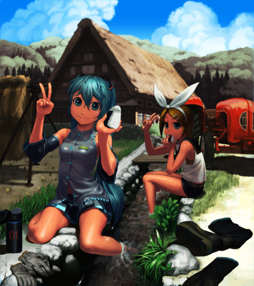 bad_id, boots, cloud, detached_sleeves, eating, feet_in_water, food, food_on_face