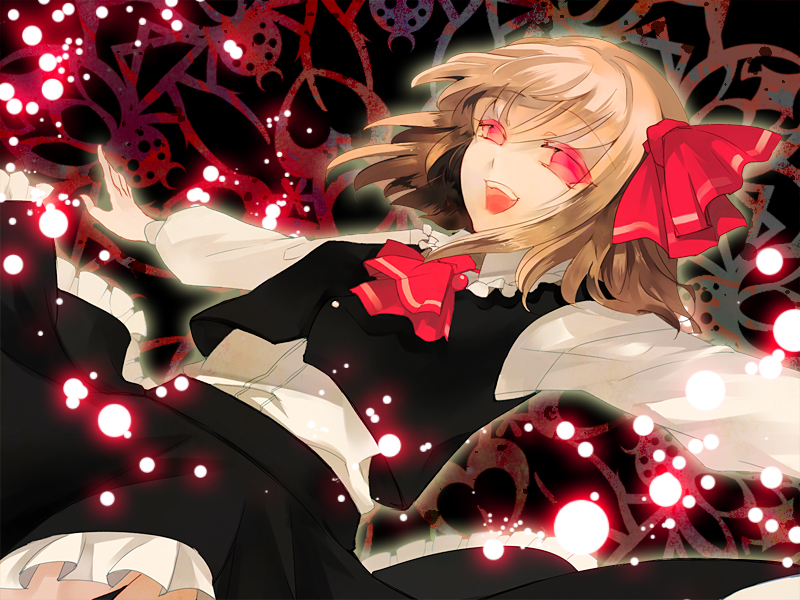 blonde_hair, hair_ribbon, nod, open_mouth, outstretched_arms, ribbon, rumia, short_hair