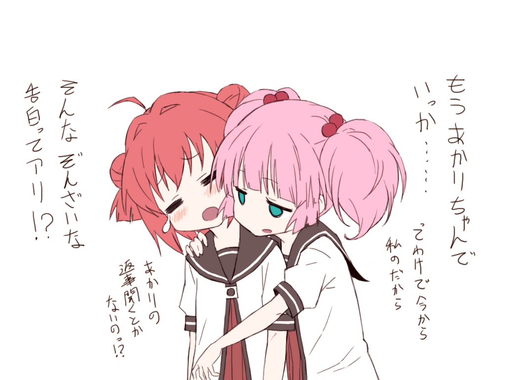 =_=, ahoge, akaza_akari, blue_eyes, double_bun, hair_bobbles, hair_ornament, hand_on_shoulder