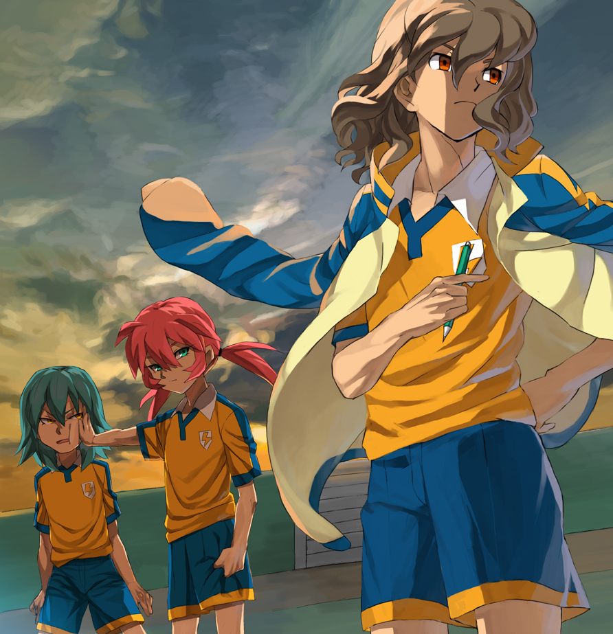 blue_eyes, brown_eyes, brown_hair, cloud, doraiga-rei, green_hair, inazuma_eleven, inazuma_eleven_(series)