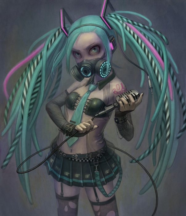 1girl, aqua_eyes, aqua_hair, chain, chains, cyberpunk, daiyou-uonome, detached_sleeves