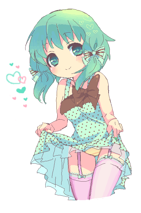 bow, green_eyes, green_hair, gumi, hair_bow, hair_ribbon, oekaki, panties